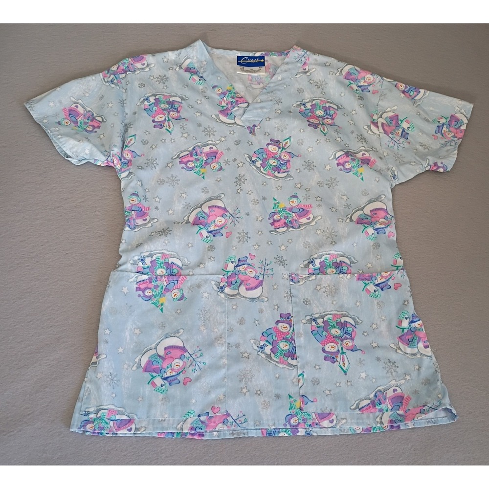 Crest Scrub Top Size XS Fun Print Snowmen Snowflakes Winter Holiday Christmas